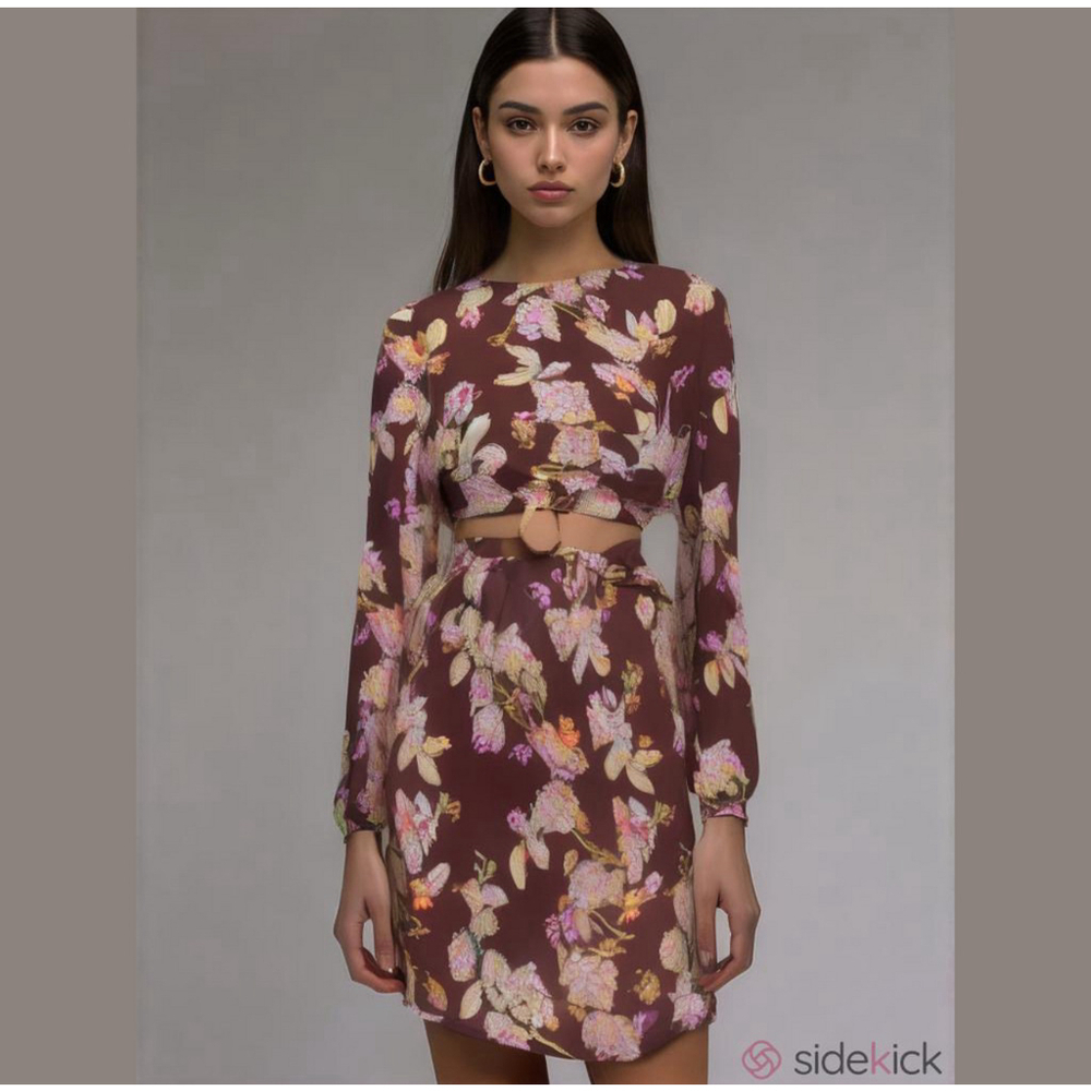 NWT Minkpink Orelie Cutout Mini Dress Large Brown Floral Long Sleeve Boho L